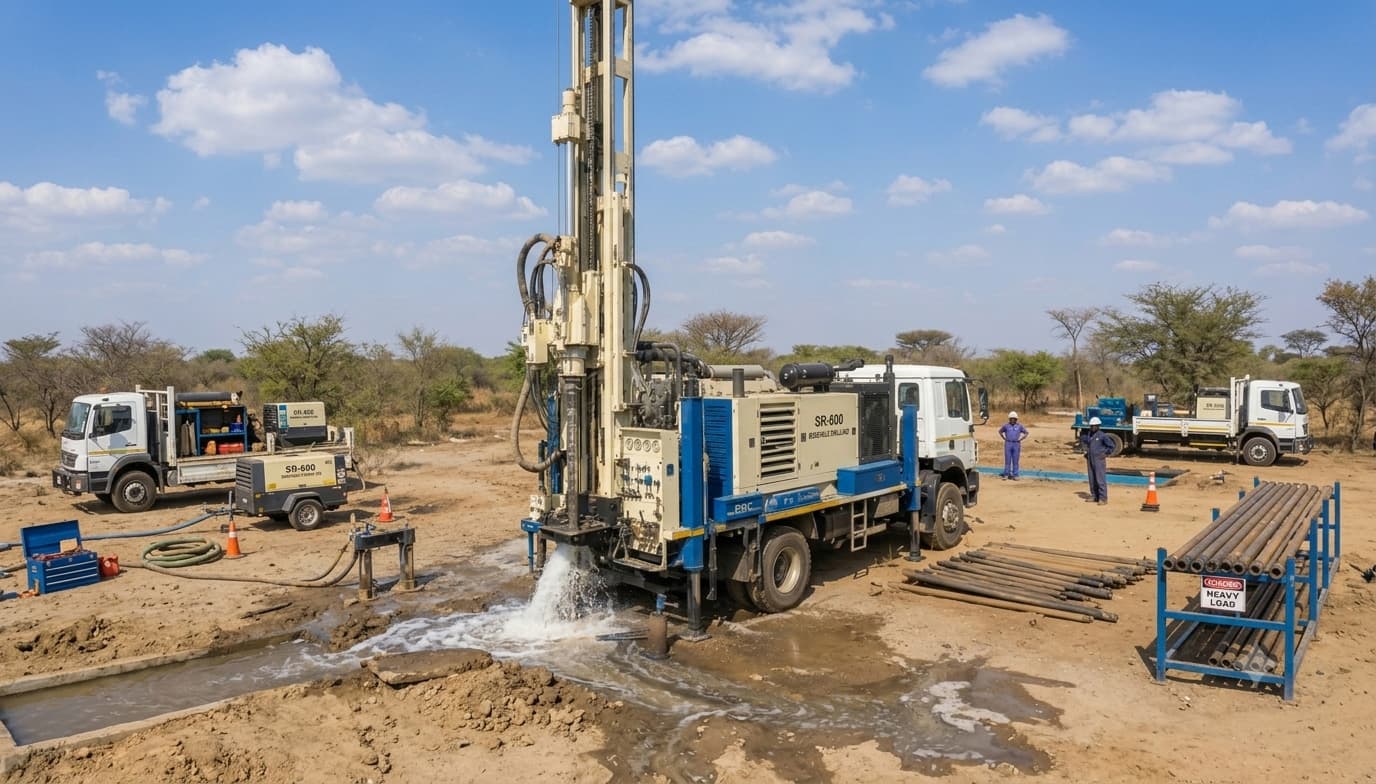 Geotronics drilling rig at work on a borehole site in Ghana